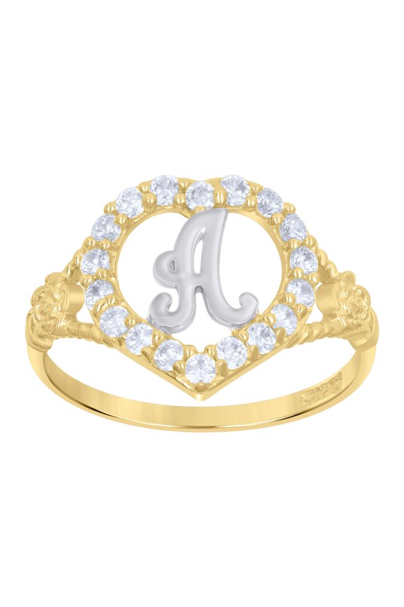 10k Two-Tone Gold Womens Cubic Zirconia Polished Finish Heart Shape Letter A Initial Ring