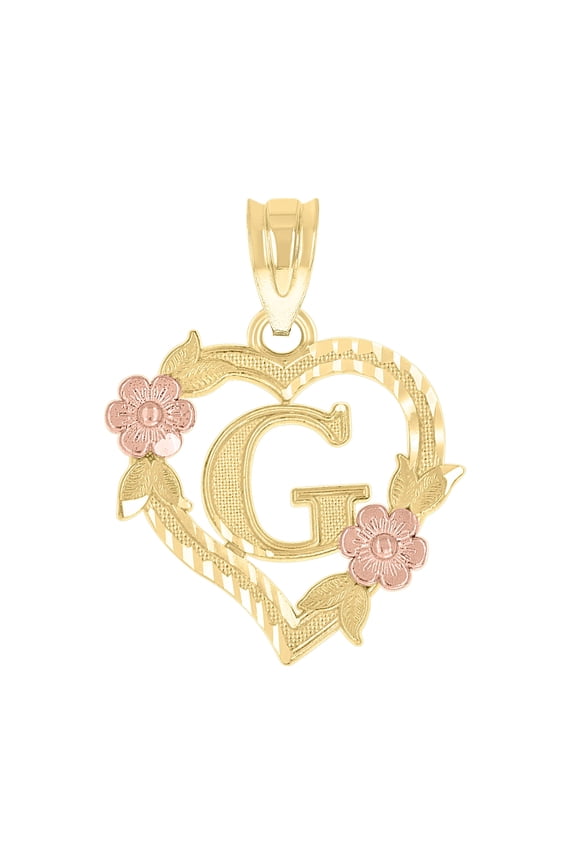 10k Two-Tone Gold Womens Heart Flower Initial Letter G Charm Pendant