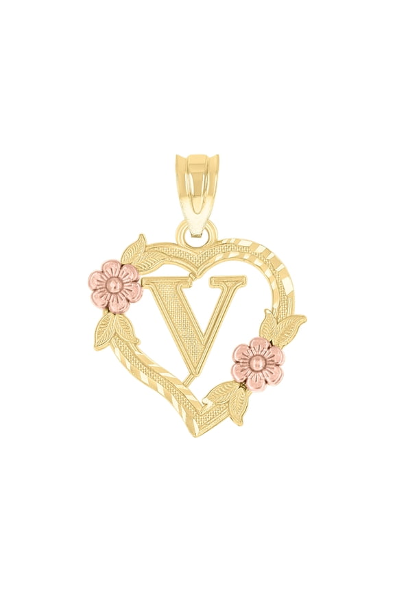 10k Two-Tone Gold Womens Heart Flower Initial Letter V Charm Pendant