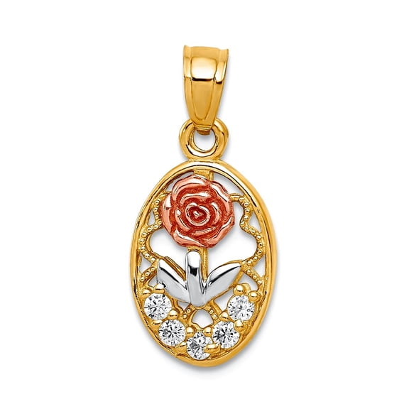 10k Two-Tone Polished Gold Cubic Zirconia Rose Charm 12x11mm Wide Pendant Necklace for Women