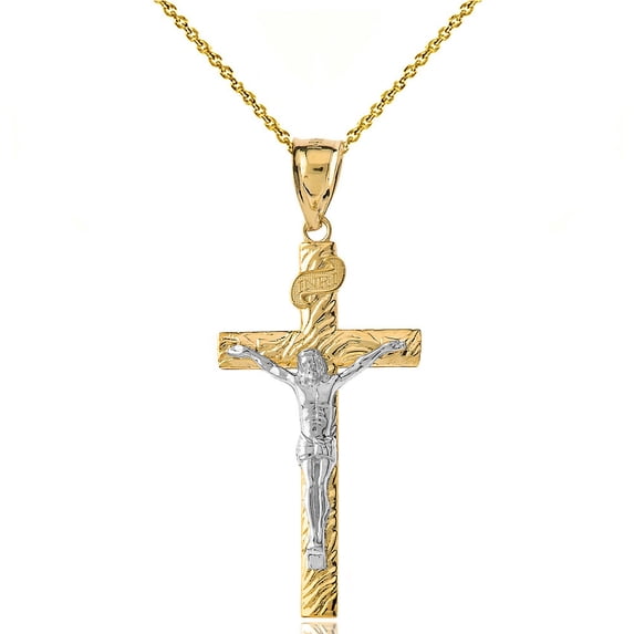 10k Two-Tone Yellow Gold Crucifix Pendant Jesus Cross Necklace (1.66") LARGE (22 Inches)