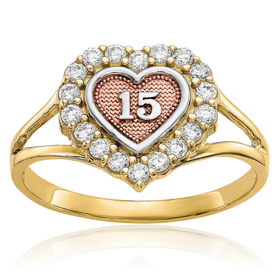 10K Solid Two Tone Gold White Anos Quinceanera Sweet 15 Years Old Birthday Cubic Zirconia CZ Heart Ring Love Band