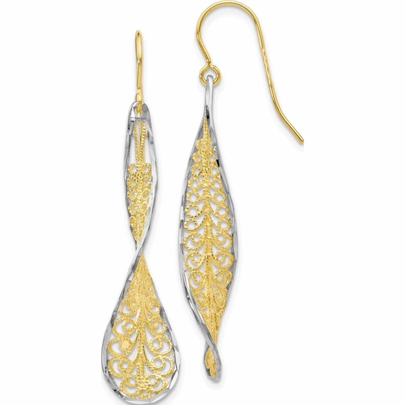 10K Two-Tone Jbsp's D/C Dangle Shepherd Hook Earrings (43 X 9) Made In Turkey 10le198