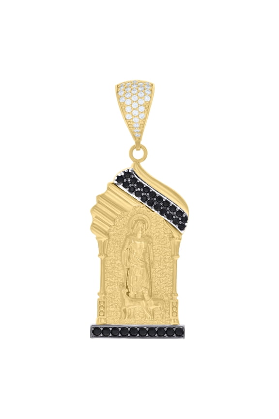 10k Two-tone Gold Mens Black White Cubic-Zirconia St. Lazarus Saints Religious Charm Pendant