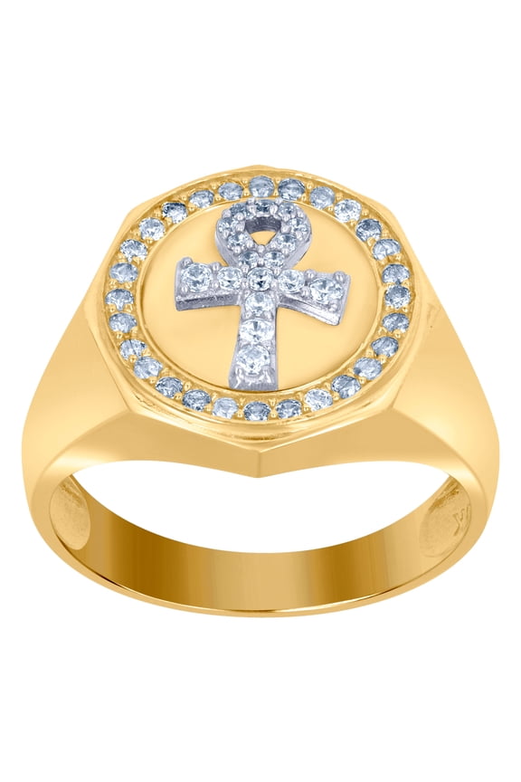 10k Two-tone Gold Mens Cubic Zirconia Ankh Religious Signet Ring 16.5x3.5mm Wide Ring for Men