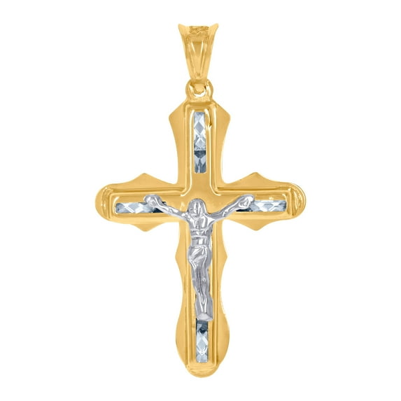 10k Two-tone Gold Mens Cubic Zirconia Crucifix Cross Religious Charm Pendant 42.1x24mm Wide Necklace for Men