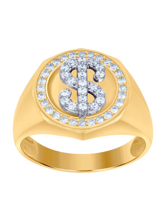 10k Two-tone Gold Mens Cubic Zirconia Dollar Sign Symbols Currency Ring 16.5x3.6mm Wide Ring for Men