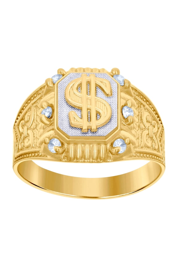 10k Two-tone Gold Mens Cubic Zirconia Dollar Symbol Currency Ring 14.7x14.7mm Wide Ring for Men
