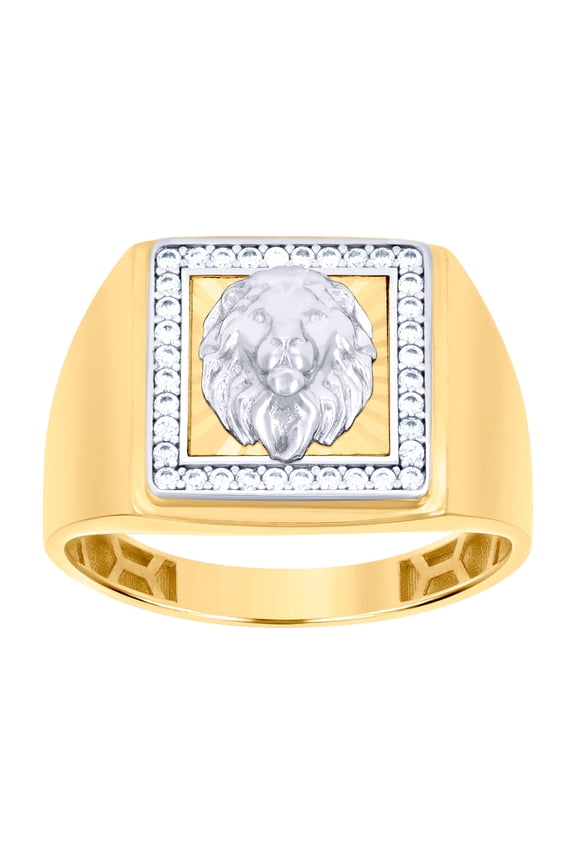 10k Two-tone Gold Mens Cubic Zirconia Leo/lion Head Animal Square Zodiac Sign/wildlife Ring 14mm Long Ring for Men