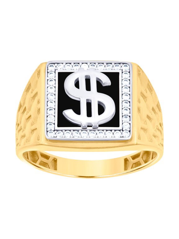 10k Two-tone Gold Mens Cubic Zirconia Square Dollar Sign Black Enamel Currency Ring 14mm Long Ring for Men
