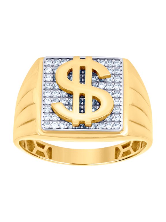10k Two-tone Gold Mens Cubic Zirconia Square Dollar Sign Currency Ring 14mm Long Ring for Men