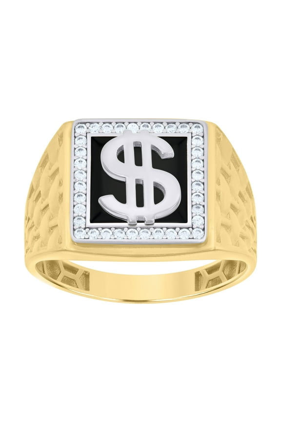 10k Two-tone Gold Mens Cubic-Zirconia Square Dollar Sign Black Enamel Currency Ring