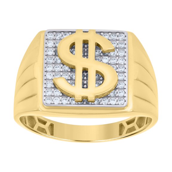 10k Two-tone Gold Mens Cubic-Zirconia Square Dollar Sign Currency Ring