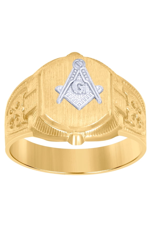 10k Two-tone Gold Mens Masonic Signet Ring 13.9x4mm Wide Ring for Men - 3.0 Grams