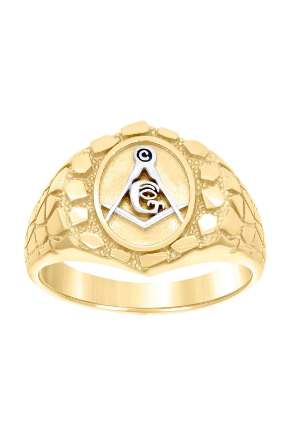 10k Two-tone Gold Mens Masonic Symbol Nugget Ring 15.1x15.1mm Wide Ring for Men - 4.6 Grams