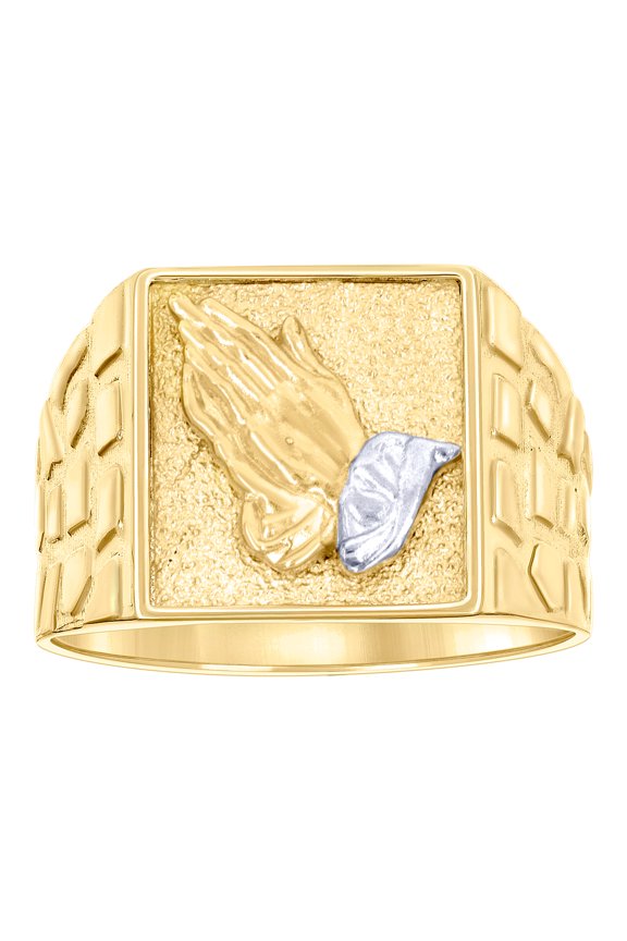 10k Two-tone Gold Mens Praying Hands Symbol Religious Square Head Nugget Ring 14.3x6.6mm Wide Ring for Men
