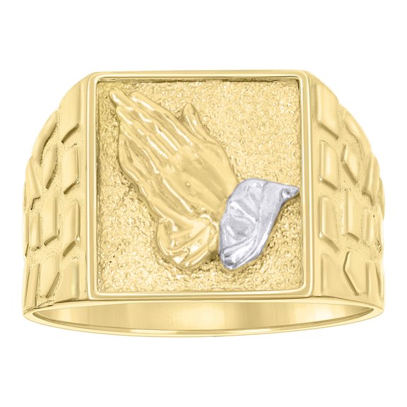 10k Two-tone Gold Mens Praying Hands Symbol Religious Square Head Nugget Ring