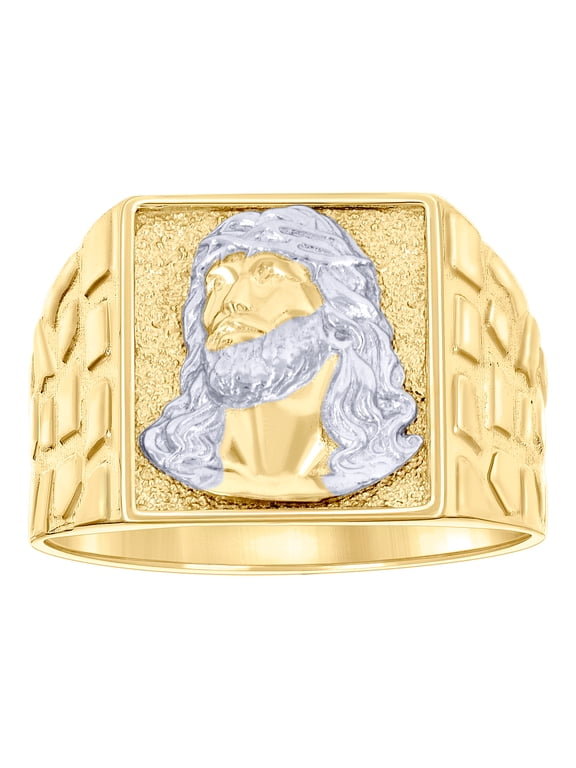 10k Two-tone Gold Mens Square Head Jesus Religious Nugget Ring 14.3x6.6mm Wide Ring for Men