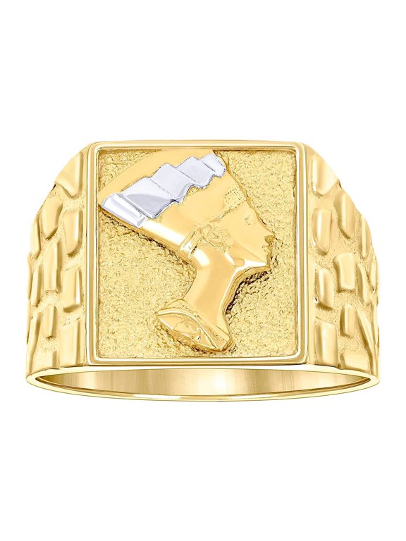 10k Two-tone Gold Mens Square Head Nefertiti Egyptian Nugget Ring 14.3x6.6mm Wide Ring for Men
