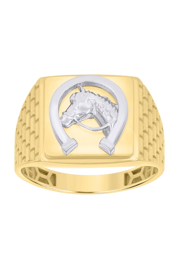 10k Two-tone Gold Mens Square Horse Head Horse Shoe Good Luck Ring