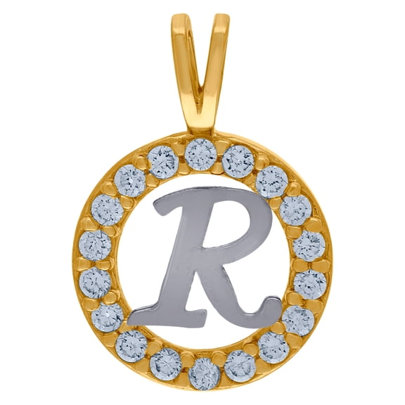 10k Two-tone Gold Unisex Cubic Zirconia Letter Name Personalized Monogram Initial R Round Charm Pendant Necklace 17.6x12