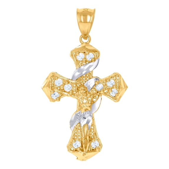 10k Two-tone Gold Unisex Cubic Zirconia Crucifix Cross Religious Charm Pendant Necklace 39x21.4mm Pendant for Women
