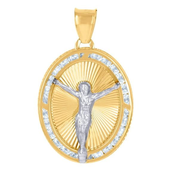 10k Two-tone Gold Unisex Cubic Zirconia Crucifix Jesus Religious Charm Pendant Necklace 28.7x17.3mm Wide Pendant for Wom