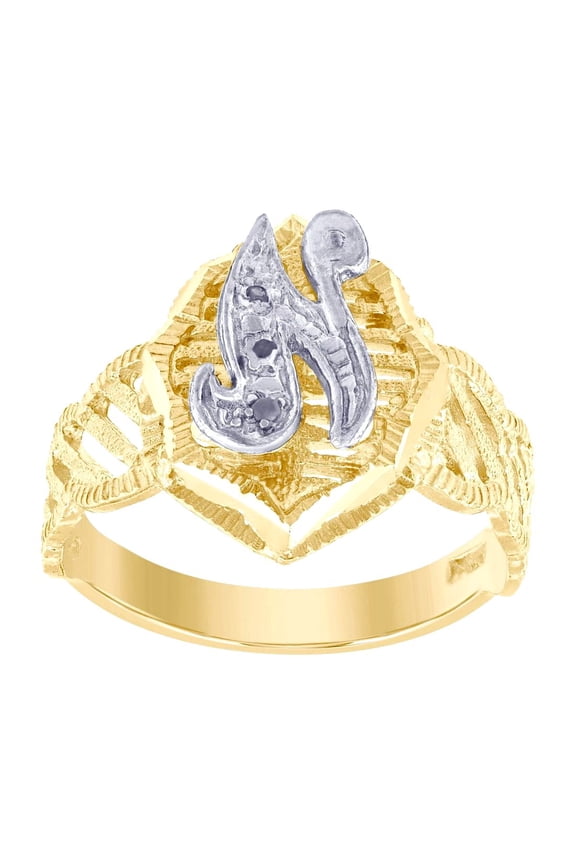 10k Two-tone Gold Unisex Cubic Zirconia Dc Textured Initial Letter N Ring Ring for Women - 2.4 Grams