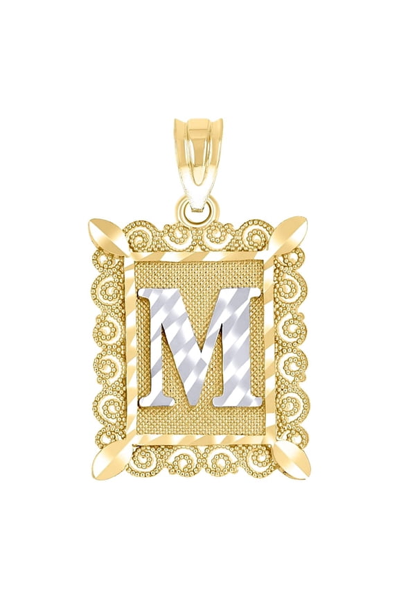 10k Two-tone Gold Unisex Sparkle-Cut Letter Name Personalized Monogram Initial M Charm Pendant Necklace 20.7x12.20mm Wid
