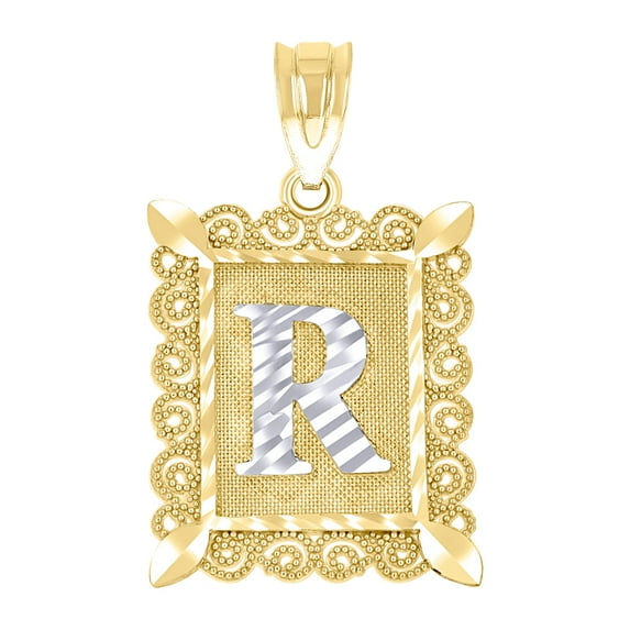 10k Two-tone Gold Unisex Sparkle-Cut Letter Name Personalized Monogram Initial R Charm Pendant Necklace 25.1x15.70mm Wid