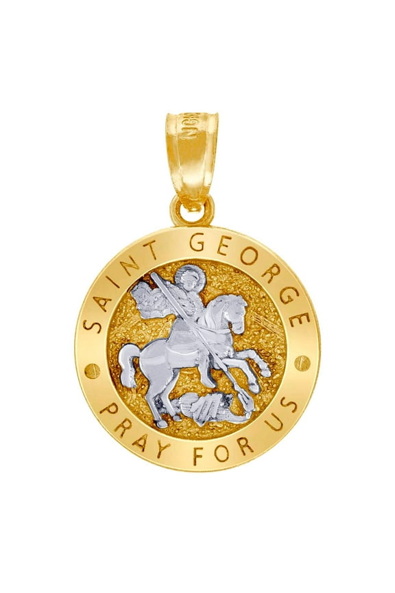 10k Two-tone Gold Unisex Textured Saint George Pray For Us Religious Charm Pendant Necklace 19.7x13.5mm Wide Pendant