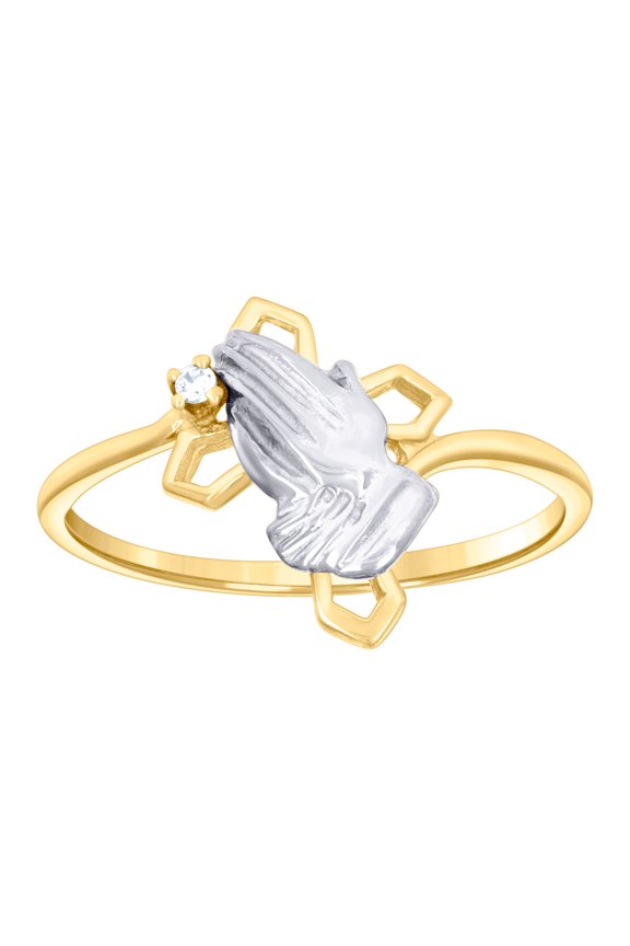 10k Two-tone Gold Womens Cubic Zirconia Cross Praying Hands Symbol Religious Ring 13.2x1.2mm Wide Ring for Women