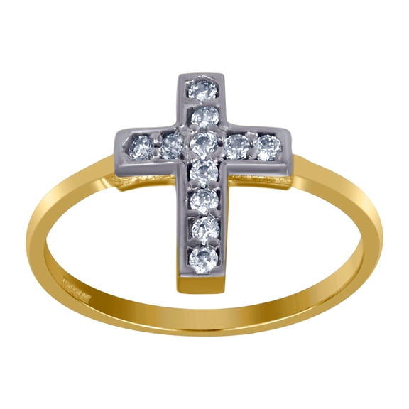 10k Two-tone Gold Womens Cubic Zirconia Cross Religious Ring 12.9x1.5mm Wide Size 8 Ring for Women
