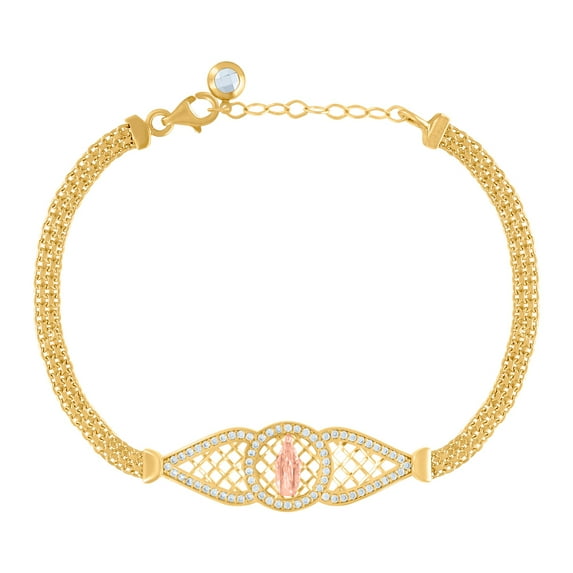 10k Two-tone Gold Womens Cubic Zirconia Guadalupe Religious Charm Bracelet 8 Inch 12.5mm Wide Charm Bracelet for Women
