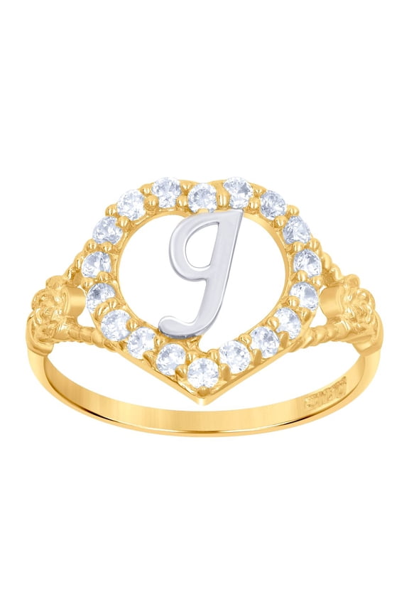 10k Two-tone Gold Womens Cubic Zirconia Polished Finish Love Heart Shape Letter J Initial Ring 12.4x1.3mm Wide Statement