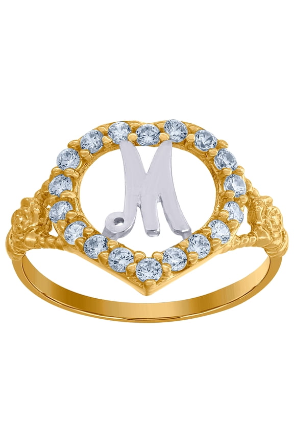 10k Two-tone Gold Womens Cubic Zirconia Polished Finish Love Heart Shape Letter M Initial Ring 12.7x1.3mm Wide Statement