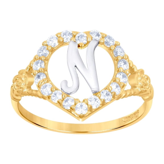 10k Two-tone Gold Womens Cubic Zirconia Polished Finish Love Heart Shape Letter N Initial Ring 12.7x1.3mm Wide Statement