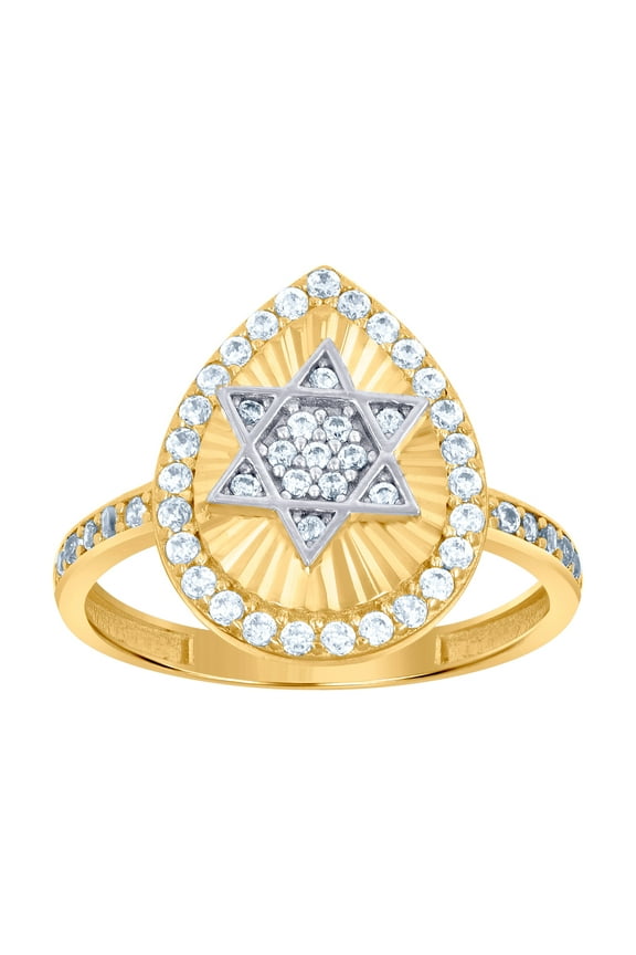 10k Two-tone Gold Womens Cubic Zirconia Tear Drop Religious Judaica Star of David Symbols Religious Ring 15.9mm Long Rin