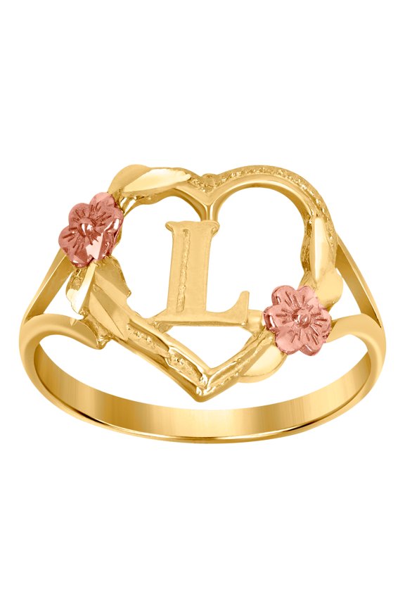 10k Two-tone Gold Womens Dc Textured Initial Letter L Love Heart Band Ring 13.5x2mm Wide Statement Ring for Women and Me