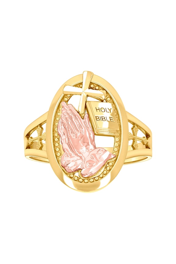 10k Two-tone Gold Womens Holy Bible Praying Hands Symbol Religious Ring 18.5x3.4mm Wide Ring for Women