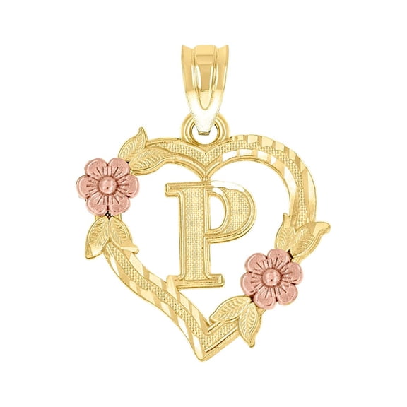 10k Two-tone Gold Womens Love Heart Flower Initial Letter P Charm Pendant Necklace 19.7x15.30mm Wide Pendant for Women