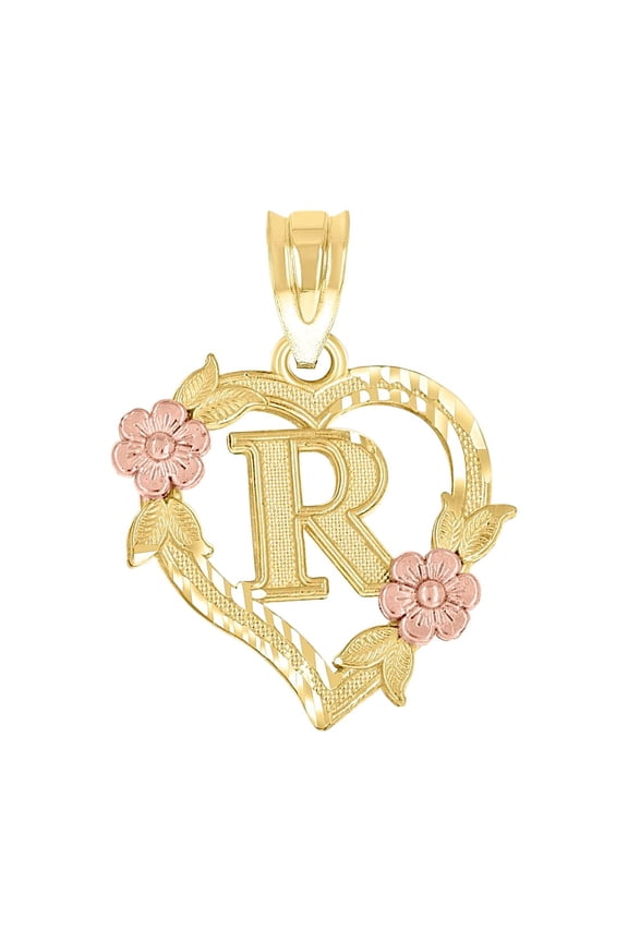 10k Two-tone Gold Womens Love Heart Flower Initial Letter R Charm Pendant Necklace 19.7x15.30mm Wide Pendant for Women