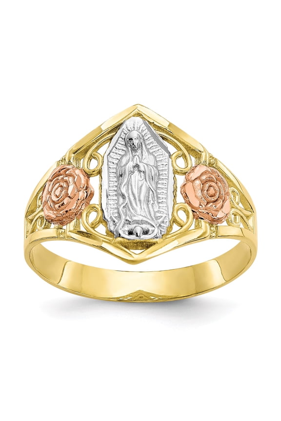 10k Two-tone & Rhodium Our Lady of Guadalupe Ring in 10k Yellow and White Gold - Size 6