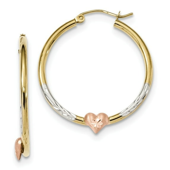 10k Two-tone and White Rhodium Sparkle-Cut Heart Hoop Earrings - Measures 33.55x29.61mm Wide 3.61mm