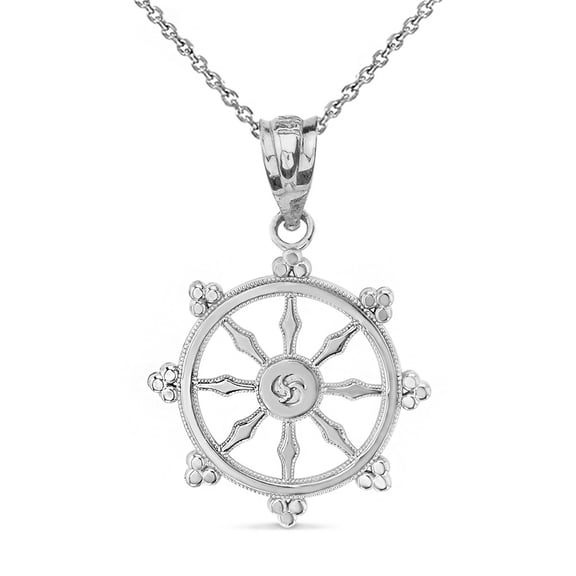 10k White Buddhism Dharmachakra Dharma Wheel Pendant(16 Inches)