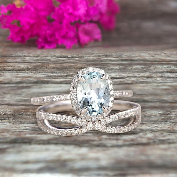 10k White Gold 1.75 Carat Oval Cut Aquamarine Engagement Rings With Twisted Wedding Band Diamonds Halo Design