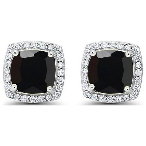 10k White Gold 1 Ct Created Halo Princess Cut Black Sapphire Stud Earrings Plated by Paris Jewelry