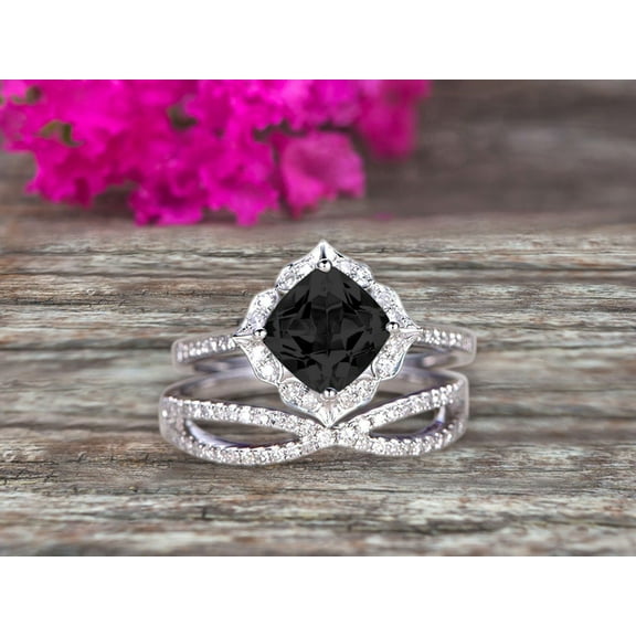 10k White Gold 2.80 Carat Cushion Cut Black Diamond Moissanite Engagement Rings With Twisted Wedding Band Diamonds Halo Design Art Deco
