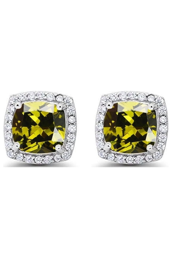 10k White Gold 2 Ct Created Halo Princess Cut Plated Peridot Stud Earrings by Paris Jewelry