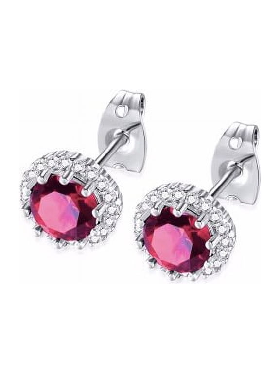 10k White Gold 2 Ct Created Halo Round Ruby Stud Earrings Plated